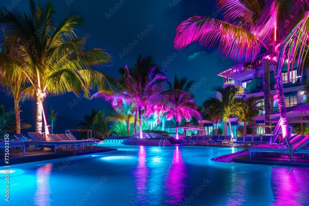 Neon-Lit Night at Tropical Resort with Reflective Pool