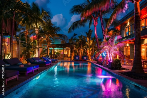 Tropical Resort Poolside Illuminated by Neon Lights at Night