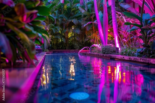 Illuminated Poolside Paradise with Neon Reflections