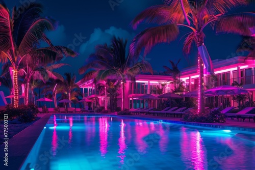 Vibrant Neon Lighting at a Nighttime Pool in Tropical Setting