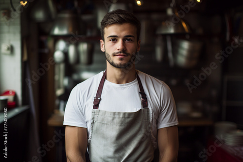 Portrait of a handsome man wearing apron and smiling standing in a coffee shop generative AI