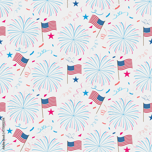 Festive Fireworks with American Flags and Confetti seamless pattern. For fourth of July backgrounds, wallpaper and wrapping paper 