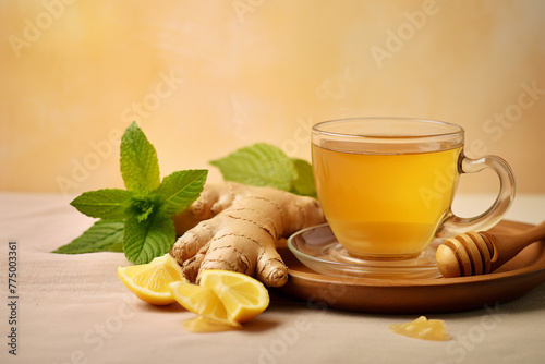 AI generated image photo of a mug with tasty lemon and ginger tea on a wooden table