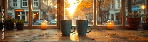 Cozy Coffee House Corner with Blurred Patrons and Steamy Mugs