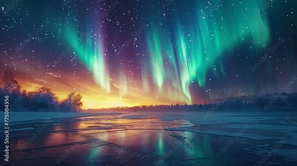 Northern lights over a frozen lake, photorealistic aurora, vibrant colors, night sky ,super realistic,clean sharp focus