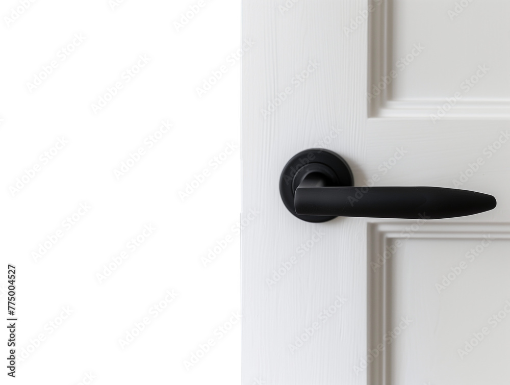 Door with doorknob. Simple minimalist open door with black knob. Isolated transparent PNG background. Opened door concept. Closing the door. Opening the door. Slim black door knob on white door. Door with doorknob. Simple minimalist open door with black knob. Isolated transparent PNG background. Opened door concept. Closing the door. Opening the door. Slim black door knob on white door.