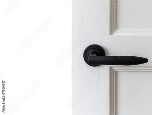 Door with doorknob. Simple minimalist open door with black knob. Isolated transparent PNG background. Opened door concept. Closing the door. Opening the door. Slim black door knob on white door.