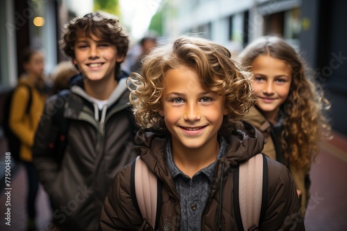 Portrait of high school students before school in autumn.