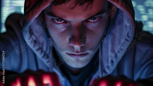 Hacker: Dressed in a hoodie, face partially obscured by the screen's glow, fingers flying across a keyboard, a determined expression hinting at their goal. 