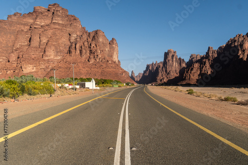 The road to Wadi Al Disah, a famous stunning canyon and oasis near Tabuk in Saudi Arabia in the middle east