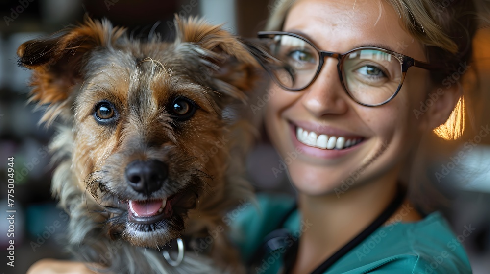 A veterinarian wearing glasses and a stethoscope holds a dog in a veterinary office.