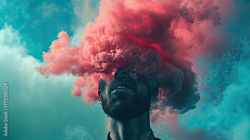 Man without a head, holding a pink cloud. Generative AI