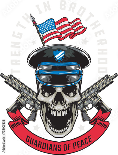 Vector Illustration of Skull Wearing Cop Hat with American Flag and Two Scorpion Guns with Vintage Illustration Available for Logo Badge