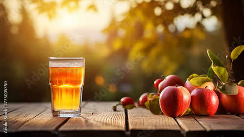 A glass of golden apple cider is accompanied by ripe, red apples on a rustic wooden table, with a warm sunset and apple orchard in the background. Free copy space banner.
