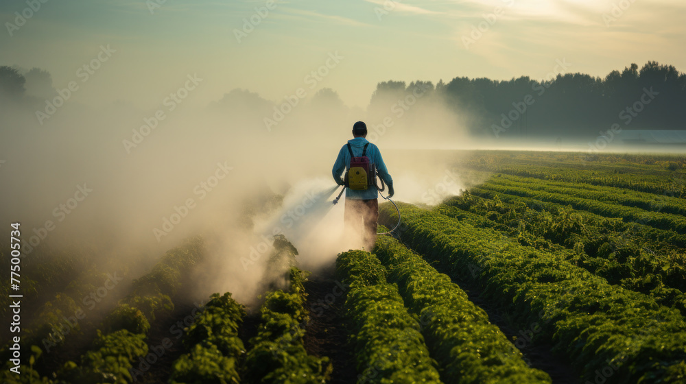 Fototapeta premium Farmer applying insecticide products on potato crop, Abundant green foliage, healthy leaves in potato crop, man with personal protective equipment for pesticide application, PPE agro