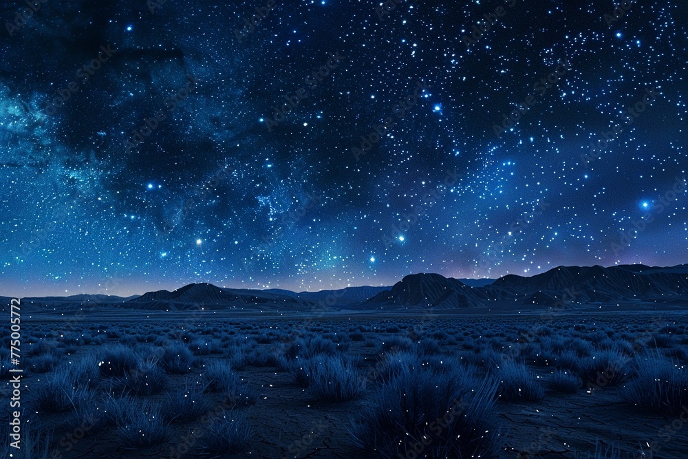 Starry night over the desert, photorealistic sky, vibrant stars, natural darkness ,3DCG,clean sharp focus