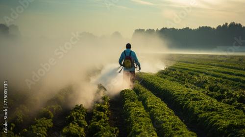 Farmer applying insecticide products on potato crop, Abundant green foliage, healthy leaves in potato crop, man with personal protective equipment for pesticide application, PPE agro photo