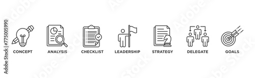 Planning banner web icon vector illustration concept with icon of concept, analysis, checklist, leadership, strategy, delegate and goals	