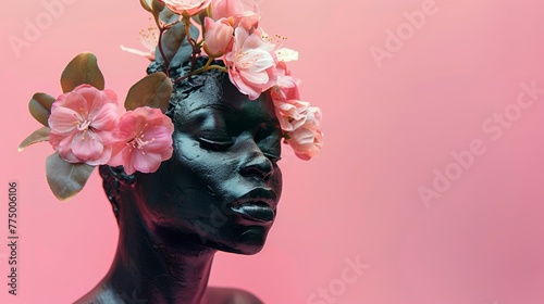 Black sculpture bust with flowers on pink background photo