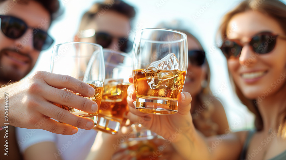 A group of people raise wine glasses and smile. Joyful and festive scene. Friends toasting with glasses. Concept of celebration or vacation. A group of people raise wine glasses and smile. Joyful and festive scene. Friends toasting with glasses. Concept of celebration or vacation.