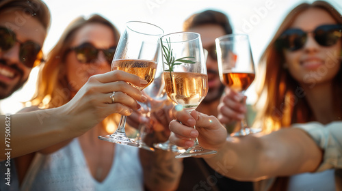 A group of people raise wine glasses and smile. Joyful and festive scene. Friends toasting with glasses. Concept of celebration or vacation.