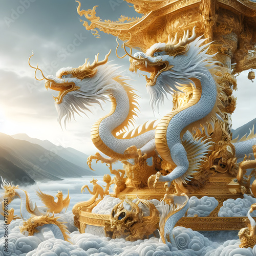 chinese dragon statue on blue sky © tavee