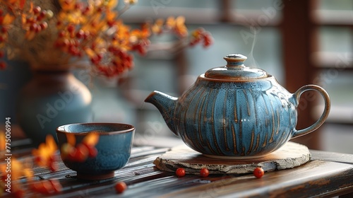 Steaming teapot and cup on wooden table with decorative berries