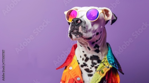 Stylish dalmatian dog wearing sunglasses and colorful jacket photo