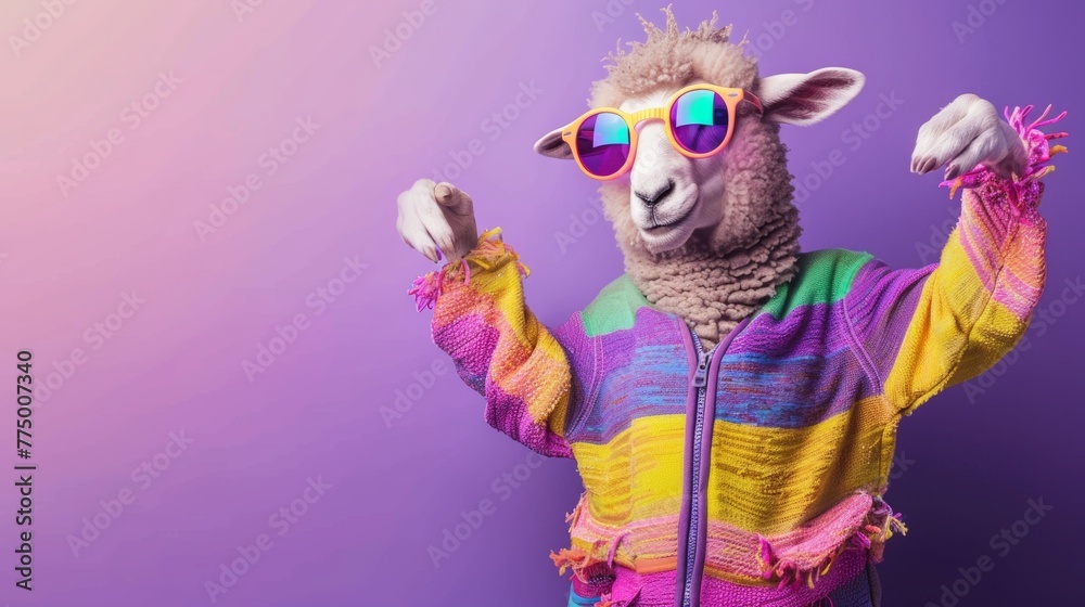 Naklejka premium Stylish llama dancing wearing colorful clothes and sunglasses
