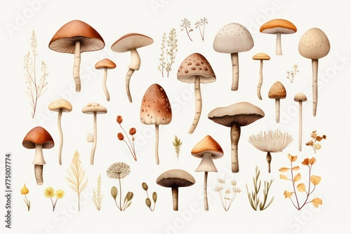 Watercolor mushrooms set isolated on white background.