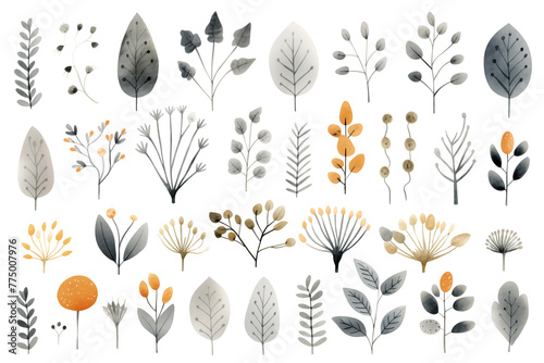 Set collection illustration watercolor autumn leaves and branches on transparent background.