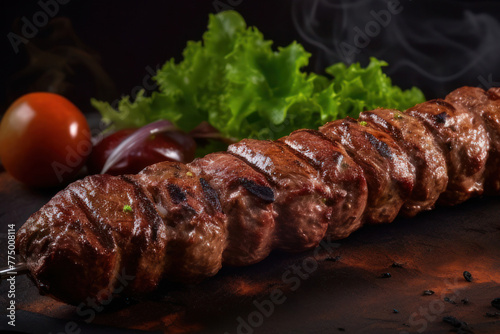 Grilled pork on metal skewers roasted on grill, tomato and lettuce leaves on wooden cutting board