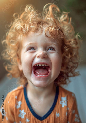 A young child with curly red hair is smiling and laughing