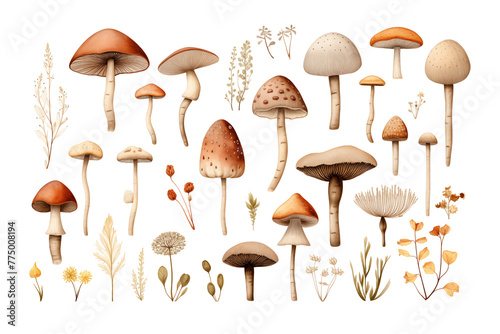 Watercolor mushrooms set isolated on transparent background.