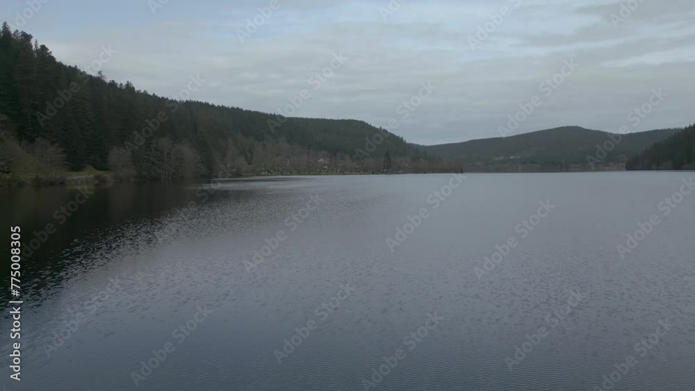 Survol en drone à basse altitude du lac de Longemer dans les montagnes des Vosges