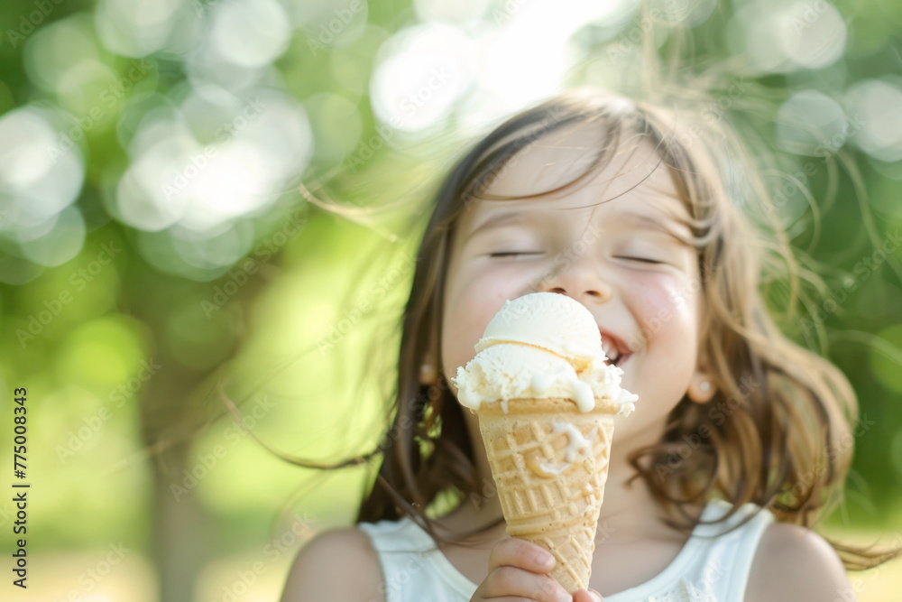 Joyful Moment with Ice Cream. A young child laughs joyfully while eating a vanilla ice cream cone on a sunny summer day. Joyful Moment with Ice Cream. A young child laughs joyfully while eating a vanilla ice cream cone on a sunny summer day.