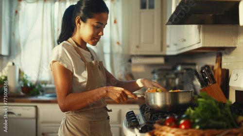 A woman slices vegetables in a sunlit kitchen.