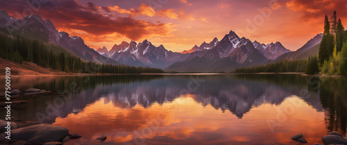 A breathtaking sunrise over the mountains near Lake captures the serene beauty of nature with warm hues in the sky and reflections on the water. The silhouette of mountain peaks adds to its grandeur.