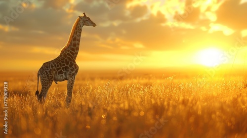 Graceful giraffe in sunset savanna, photorealistic low angle shot with warm sunlight rays