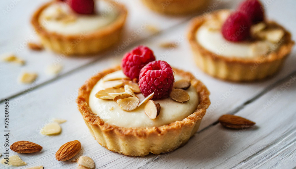 mini cheesecakes adorned with raspberries & almond flakes, sugar-free, on bright white background mini cheesecakes adorned with raspberries & almond flakes, sugar-free, on bright white background