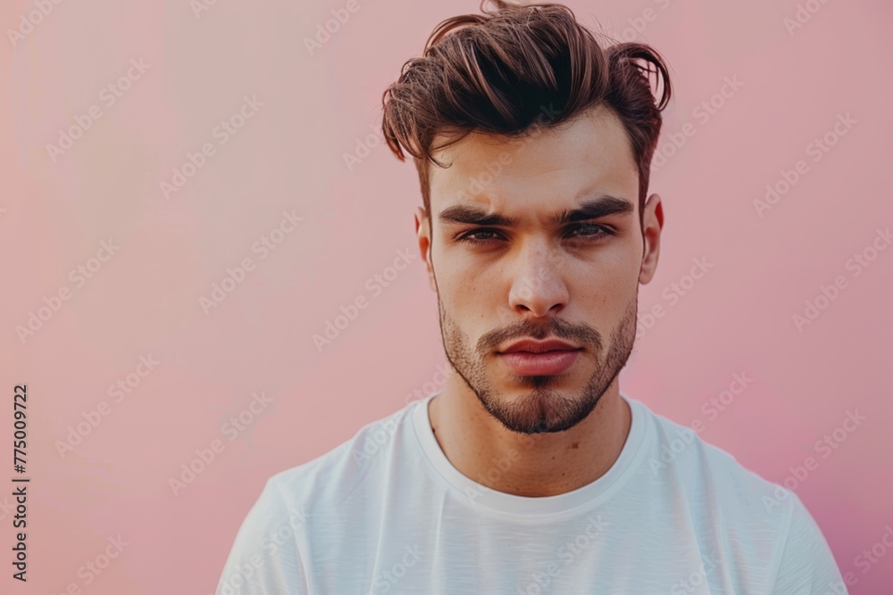 Thoughtful Handsome Young Man on a Pink Background. Generative AI. Thoughtful Handsome Young Man on a Pink Background. Generative AI.
