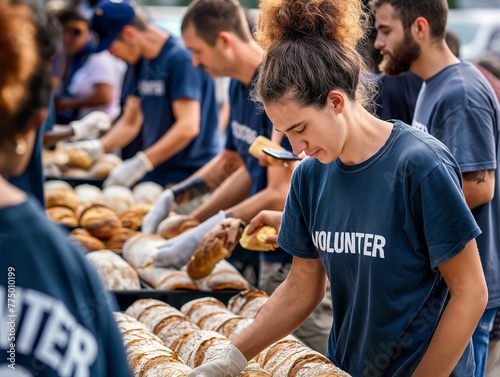 a photograph of volunteers wearing dark blue tee-shirts with the word VOLUNTEER printed on them giving away loafs of bread to homeless people in the USA
