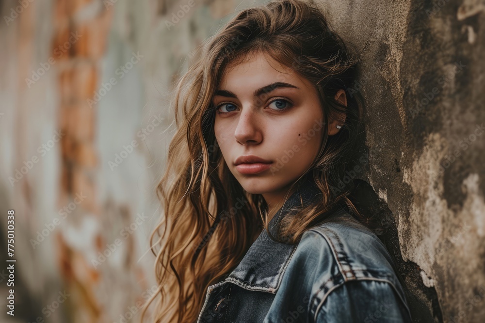 Portrait of a beautiful girl with long hair in a denim jacket. Portrait of a beautiful girl with long hair in a denim jacket.
