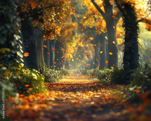 Quiet forest path covered in autumn leaves  photorealistic tranquility  vibrant fall colors  sunlight  3DCG high resulution clean sharp focus