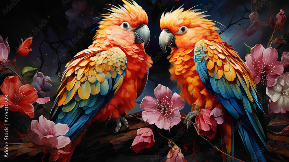 A pair of playful Lovebirds engaged in a charming interaction, their vibrant plumage creating a kaleidoscope of colors against a backdrop of wildflowers.