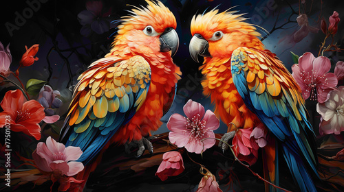 A pair of playful Lovebirds engaged in a charming interaction, their vibrant plumage creating a kaleidoscope of colors against a backdrop of wildflowers.