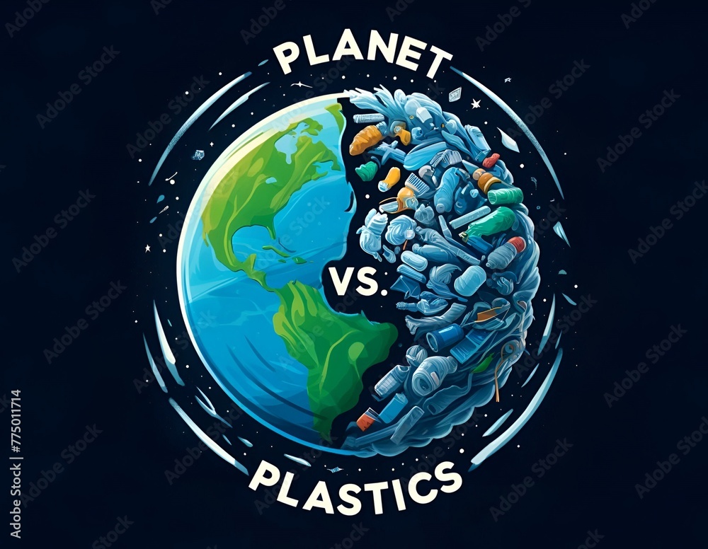 Planet vs. plastics poster illustration for earth day. - obrazy, fototapety, plakaty 