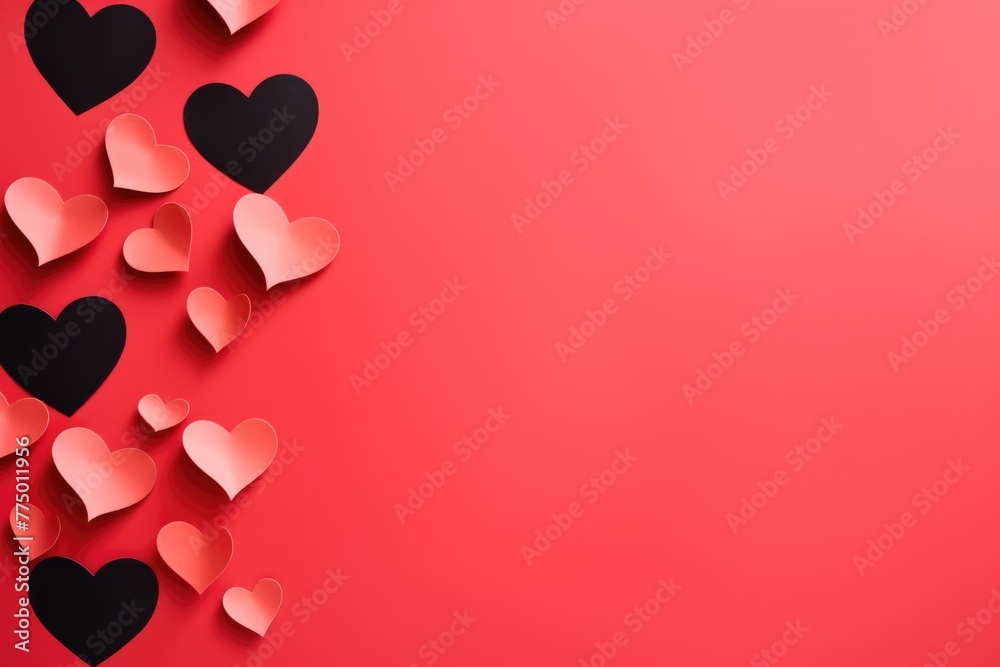 Various shades of paper hearts spread over a bright red backdrop for Valentine's Day. Paper Hearts Scattered on Red Background