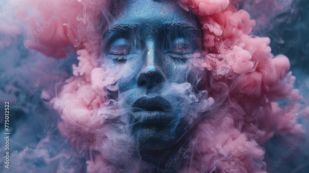Woman with glittering blue makeup surrounded by pink smoke