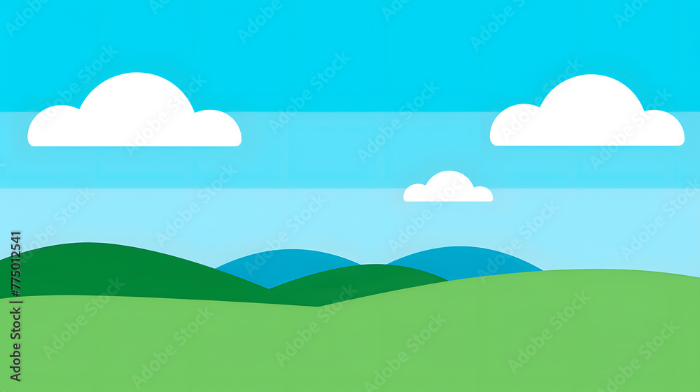 Minimalist design of smooth green hills under a blue sky with fluffy white clouds, in a calm and clear day.
